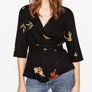 Zara Basics Floral Black Wrap Top